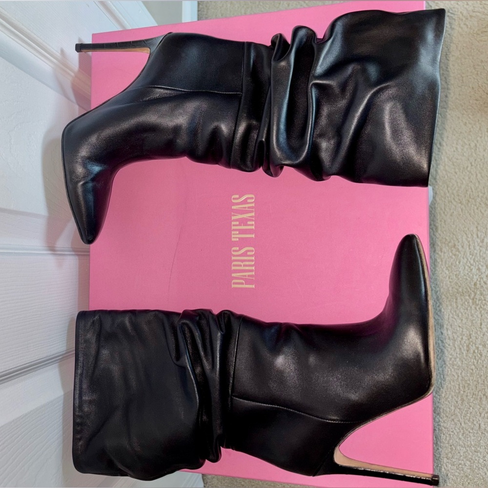 Paris Texas Black Leather Slouch Boots w/Crocodile Heel Size 38